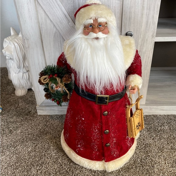 Vintage 18” Standing Santa Holding Wreath Sled Felt Coat Tree Topper Statue - Picture 2 of 12